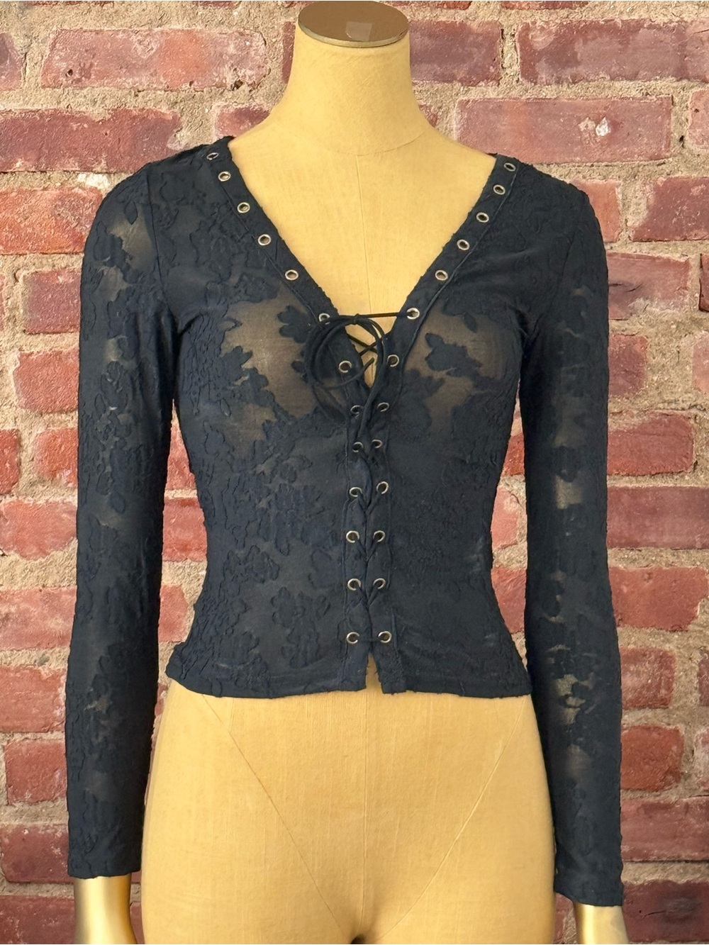 Lace-Up Sheer Floral Lace Long Sleeve Top - Black